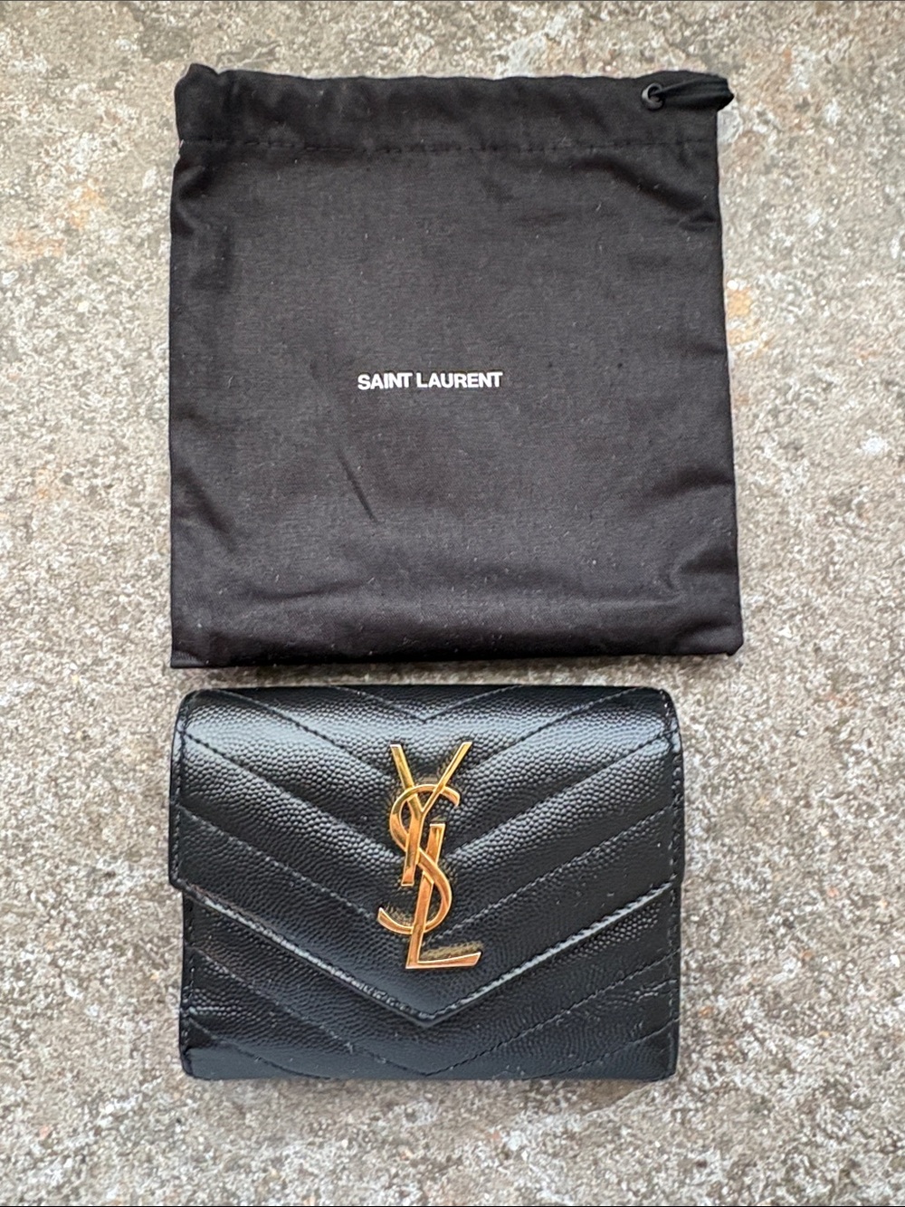 Saint Laurent Black Chevron Leather Wallet with Gold YSL Emblem